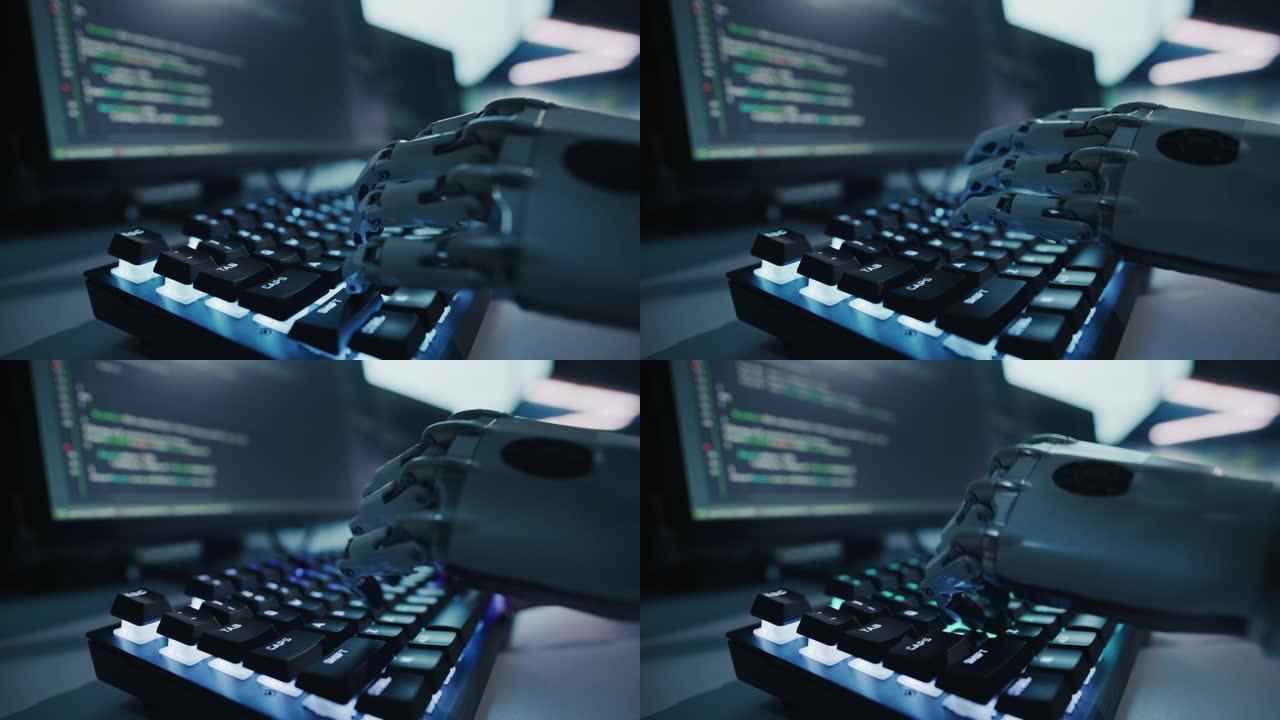 手特写: 残疾程序员使用假肢在计算机键盘上工作。快速自然地使用肌电仿生手在夜间为软件键入代码。静态拍