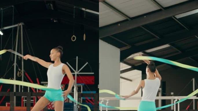 体操，缎带舞和健身与一名女子在健身房，作为体操运动员训练。艺术，精力或创造力以及女运动员用丝带跳舞进