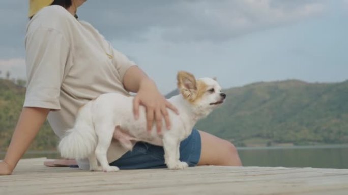 单身女性宠物爱好者在廉价旅游中享受美丽平静的河流。