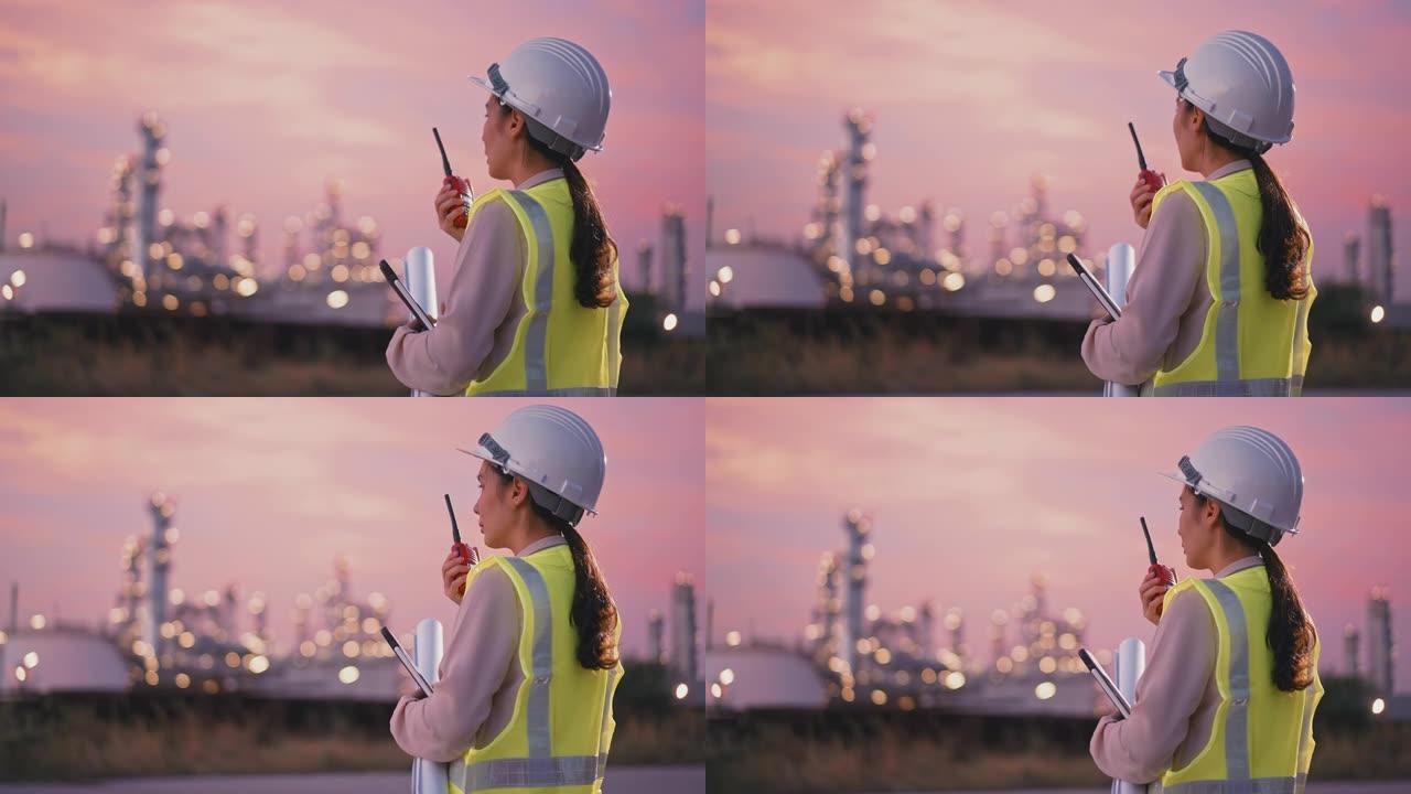 亚洲工程师石化亚洲妇女晚上在炼油厂油气工业工厂内工作