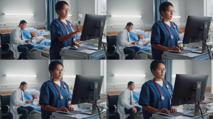 医院病房: 专业黑人女护士长使用医疗电脑。背景技术现代设备诊所医生咨询病人在床上手术成功后康复