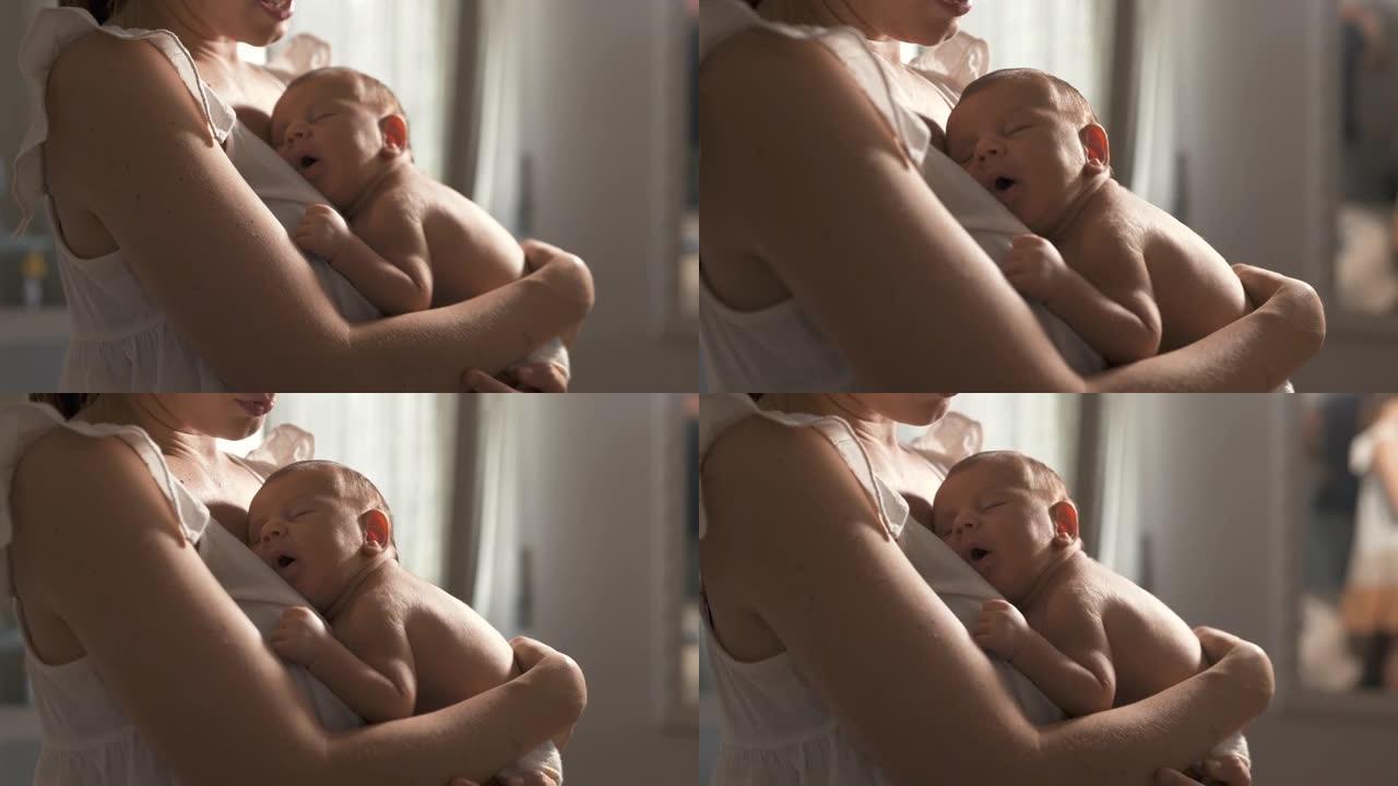 新生婴儿的真实肖像在母亲的怀抱中安详地睡着，母亲为他唱摇篮曲。小宝宝在被父母摇晃入睡时做了快乐的梦。