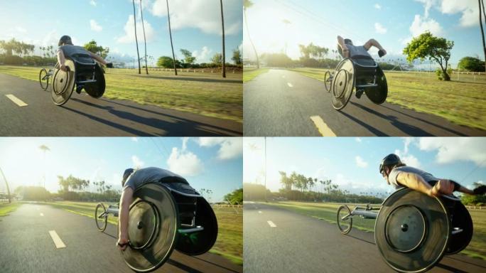 残疾人轮椅残奥会运动员在轮椅竞赛椅外锻炼健康的生活方式