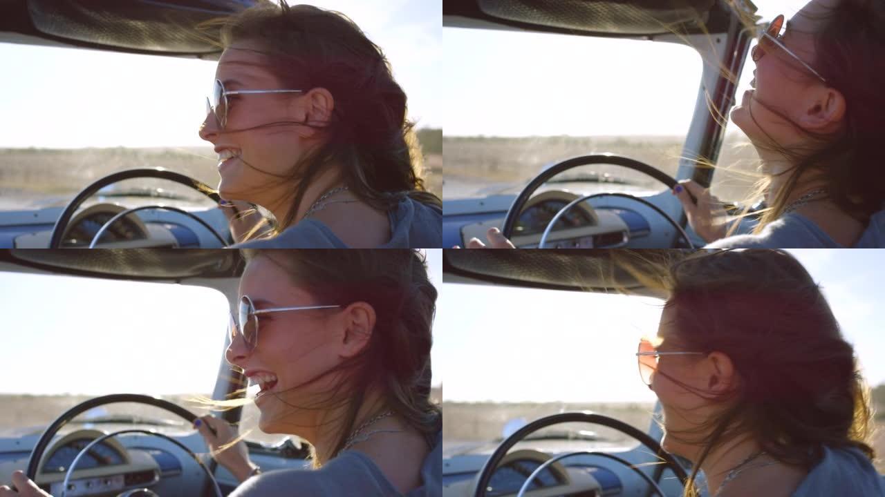 4k视频片段，一个开朗的年轻女子在汽车上行驶