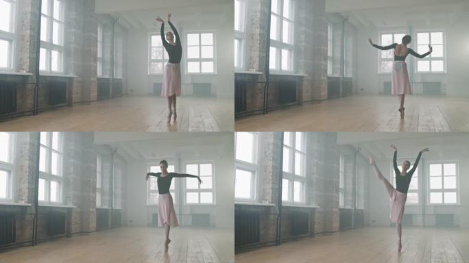 年轻的芭蕾舞演员在空旷的编舞课上跳舞