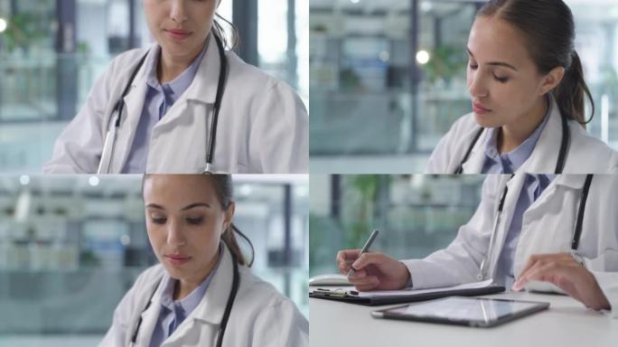 一位年轻医生在现代医院的办公桌上写笔记和使用数字平板电脑的4k视频片段