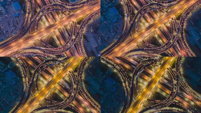 夜间城市立交桥交通的延时鸟瞰图