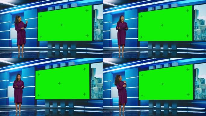 脱口秀电视节目: 美丽的黑人女主持人站在新闻编辑室工作室，使用绿色色度键屏幕。新闻阿乔，主持人谈新闻