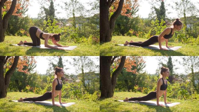 年轻的身体意识强的女人在户外练习瑜伽