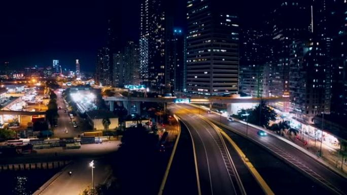 夜间香港城市无人机景观