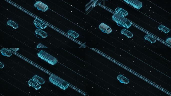 高速公路自动驾驶，人工智能，物联网连接汽车。蓝色x射线视图，4k动画。