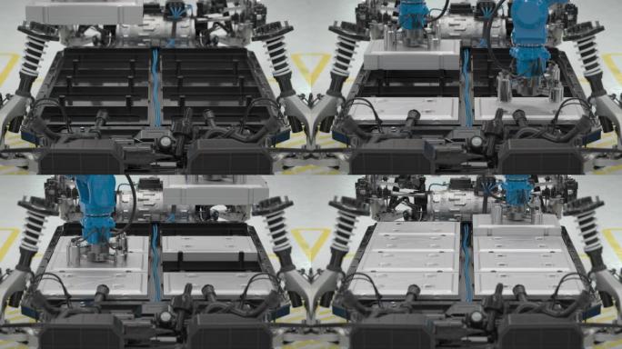 组装电动汽车电池模块的机器人的特写前视图