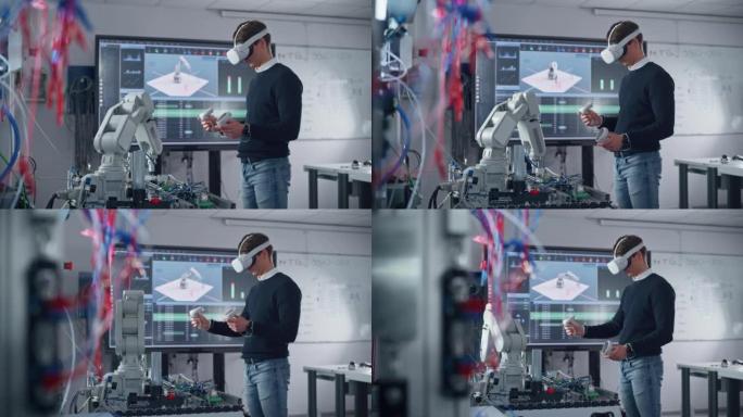 在大学里做他的项目时，VR谷歌上的男学生举起和移动仿生手wit控制器。计算机科学与教育理念