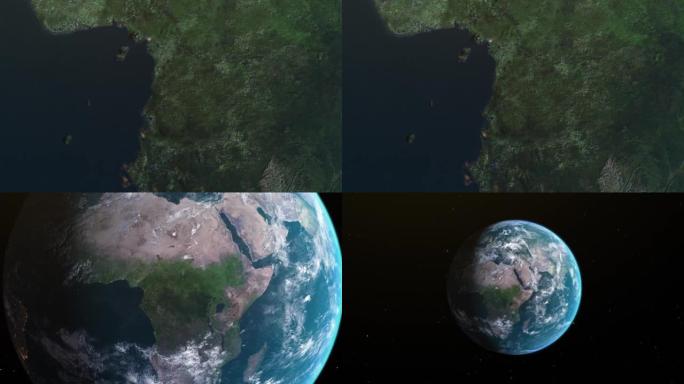 赤道几内亚地图，通过4K照片真实动画地球仪放大到太空中，包括非洲、西亚和欧洲的全景。史诗旋转世界动画