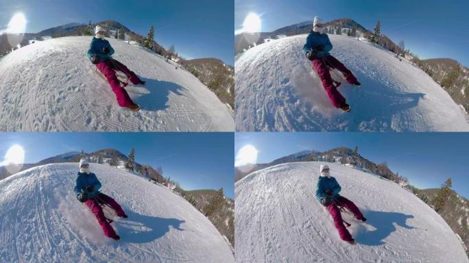 自拍照: 女游客在Kranjska Gora偏远地区享受雪橇旅行。