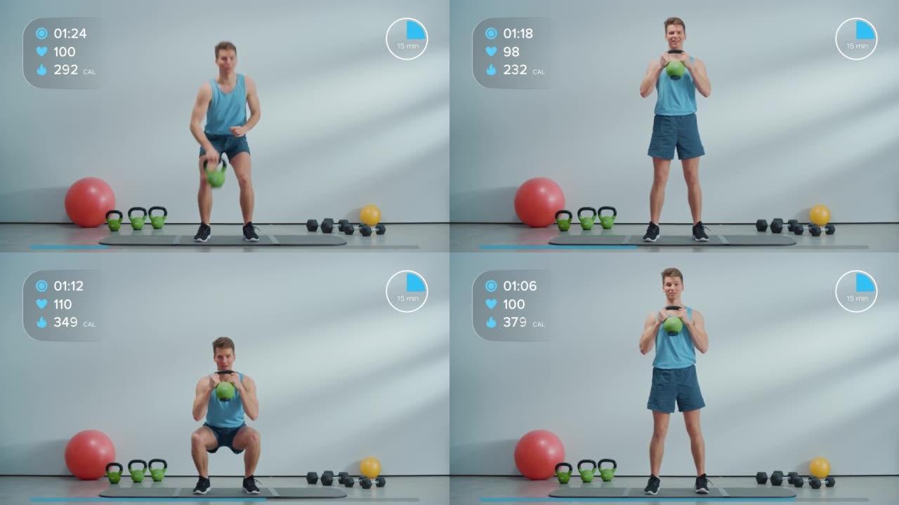 年轻的运动私人教练在线健身课程视频，用壶铃解释核心强化锻炼程序。为初学者展示如何燃烧脂肪的健康人。H