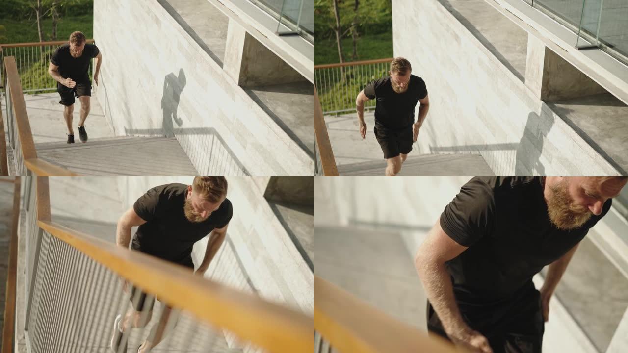 男子跑上楼梯中等成人、运动、稳定的镜头