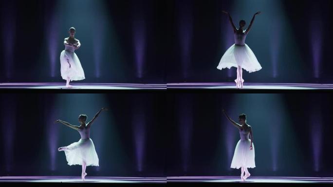 一位年轻优美的古典芭蕾舞女舞者穿着白色芭蕾舞短裙的电影拍摄，在演出开始前在经典剧院舞台上表演舞蹈。