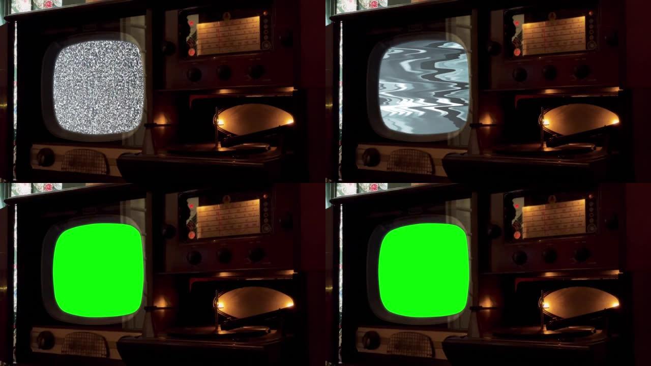 老式电视机打开带有静电噪声的绿色屏幕。特写。4k分辨率。