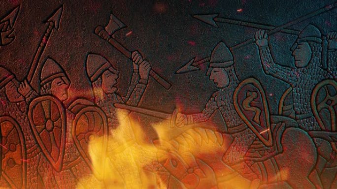 中世纪士兵在火中搏斗石雕