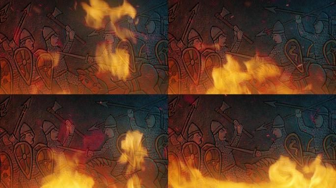 中世纪士兵在火中搏斗石雕