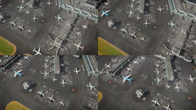 带有停放的飞机，客运大楼，跑道和服务机械的3D商业机场渲染的鸟瞰图。现代VFX飞机在国际旅游物流链中