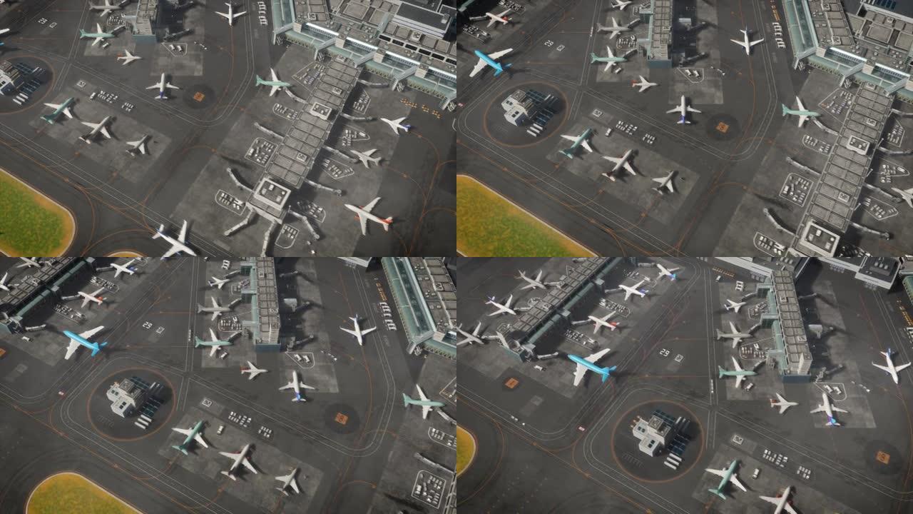 带有停放的飞机，客运大楼，跑道和服务机械的3D商业机场渲染的鸟瞰图。现代VFX飞机在国际旅游物流链中