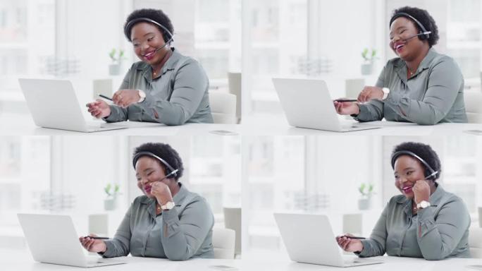 4k视频片段，一位有吸引力的年轻女性呼叫中心代理在办公室的办公桌前工作