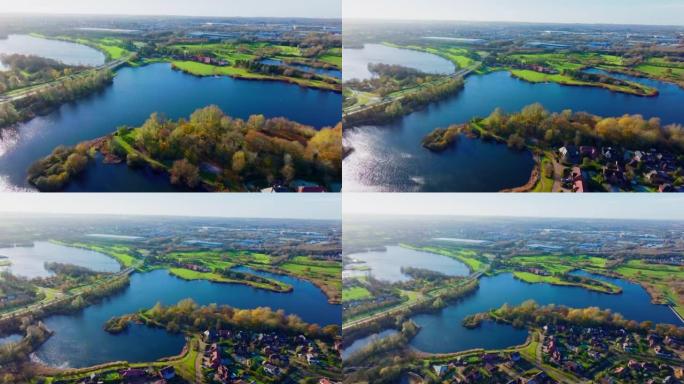 英国米尔顿凯恩斯村的航拍照片显示了一个大湖