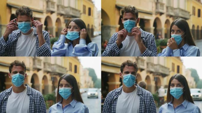 真实拍摄的是市中心的年轻人戴上医用口罩保护自己免受疾病侵害。污染、环境、保护、病毒传播、安全、检疫、