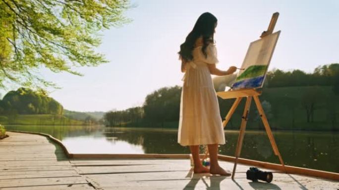 女艺术家站在湖旁的码头上在画布上绘画