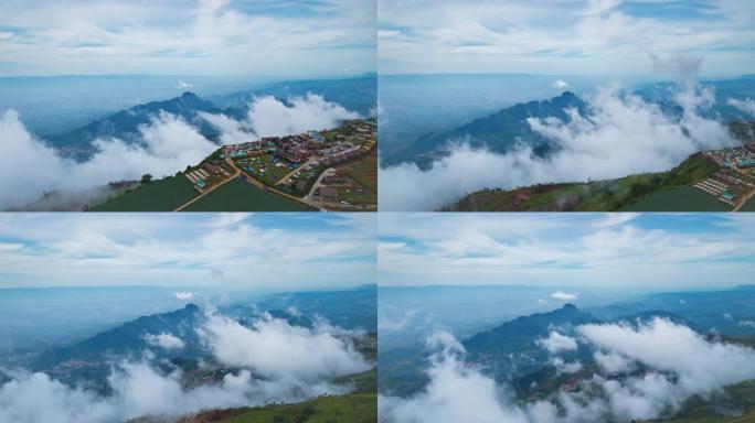 雾的鸟瞰图在泰国北部的雨林山上流过，过度流失