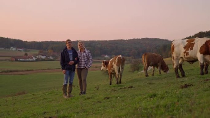 SLO MO夫妇的农民在满是牛的牧场上摆姿势