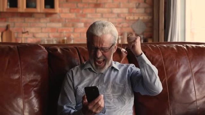 情绪积极的中年60岁的成熟男子庆祝网上的成功。