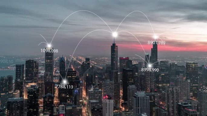 T/L TD鸟瞰图芝加哥城市天际线和5g网络概念，日落到夜晚的过渡