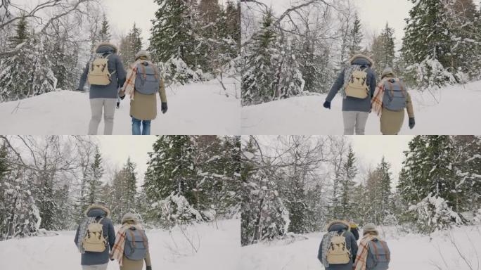 背背包的人在冬季森林里徒步旅行，一起聊天和散步