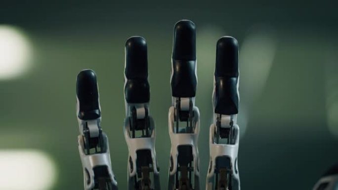 仿生肢体在行动中的宏观拍摄。展示技术先进的人造手掌弯曲手指。面向残疾人的未来派机器人设备，高科技概念