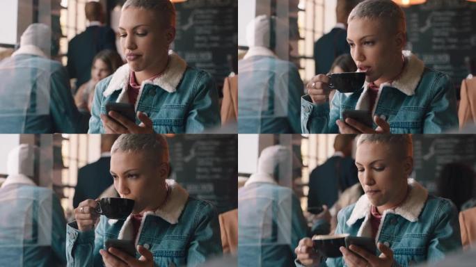 美丽的女人使用智能手机在咖啡馆喝咖啡发短信在社交媒体上分享信息享受移动技术