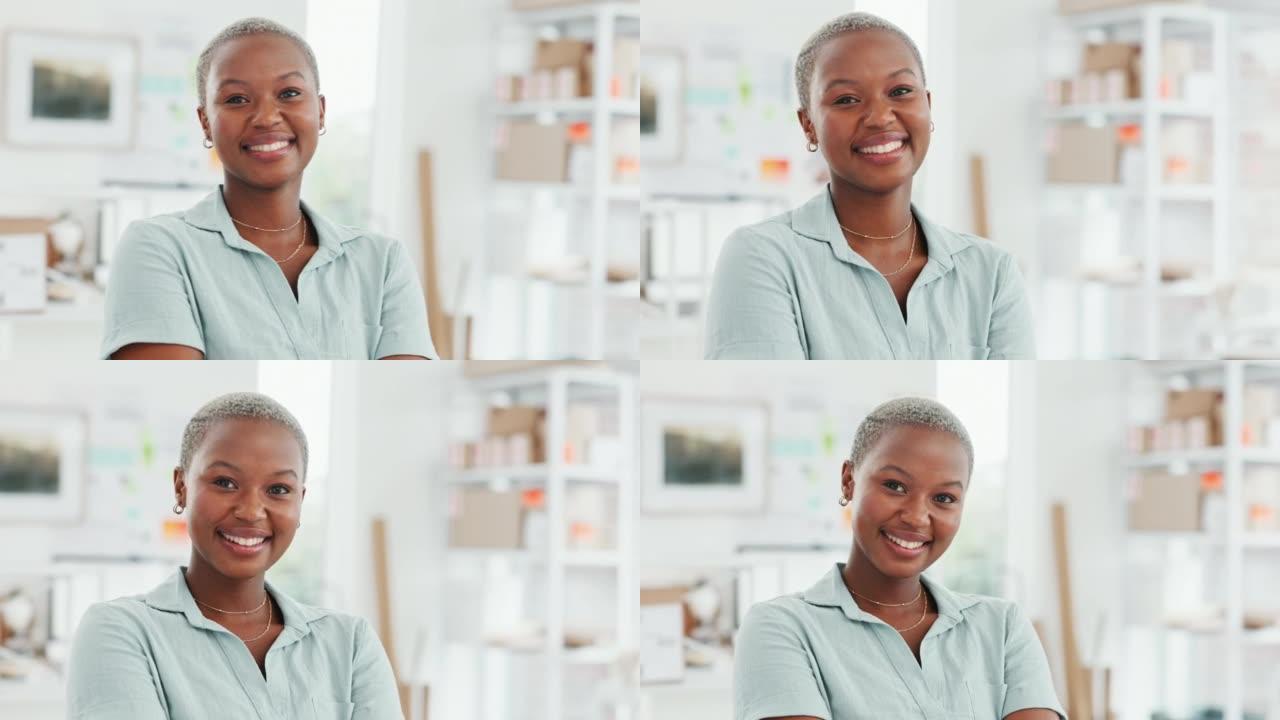 在一家初创公司的办公室里，动力、目标和商业女性看起来既快乐又自豪。领导者、愿景和黑人小企业主在新工作