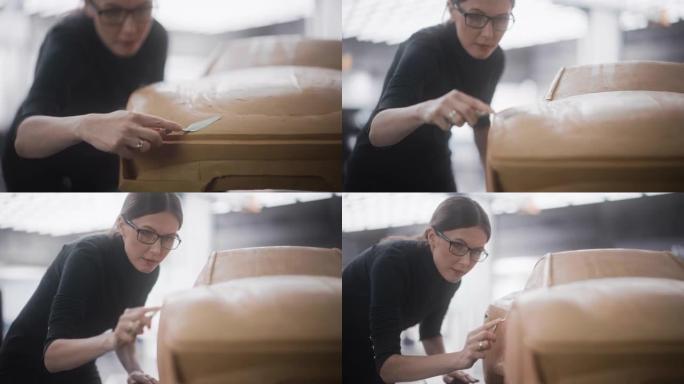 一位女性汽车设计师修剪一辆新量产车的3D粘土模型的特写镜头。专业建模师使用刮刀仔细雕刻原型可持续车辆