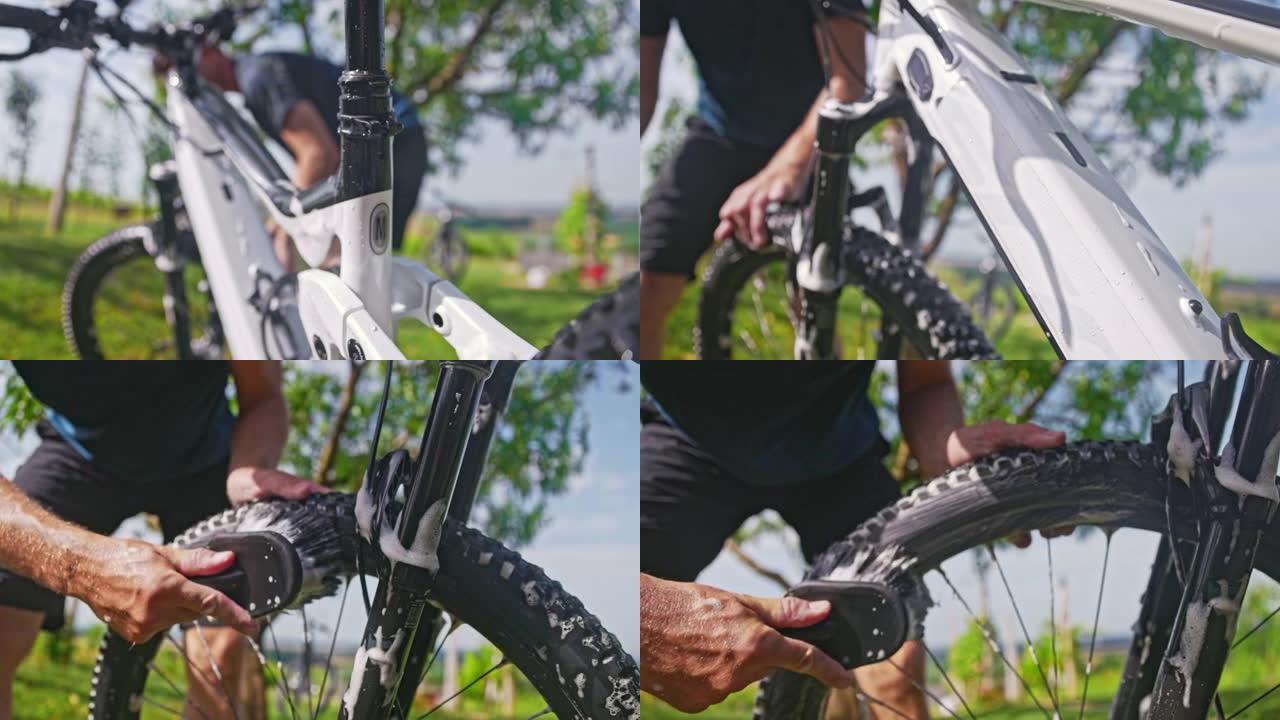 SLO MO Man用刷子清洁他的山地自行车