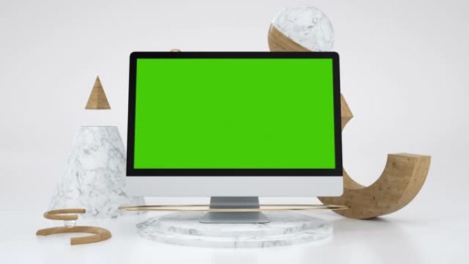 清晰的绿屏电脑，用于演示电子商务博客或娱乐应用。用色度键监控广告模拟创意网站。3d动画艺术对象桌面绿