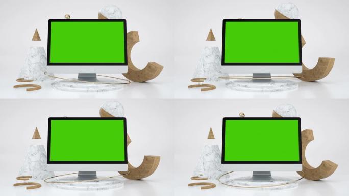 清晰的绿屏电脑，用于演示电子商务博客或娱乐应用。用色度键监控广告模拟创意网站。3d动画艺术对象桌面绿