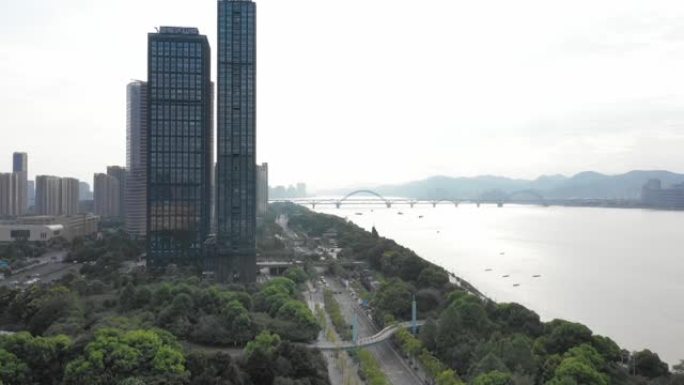现代城市的天际线浙江杭州市航拍地标大景全