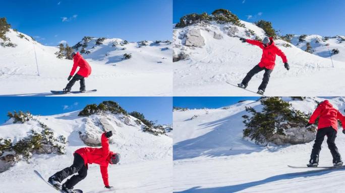滑雪者冲下滑雪坡，在途中进行旋转表演特技跳跃技巧
