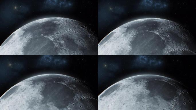 从太空看美丽的月亮特写。从轨道卫星看月球表面。月亮的光明面。火山口逼真的浮雕。