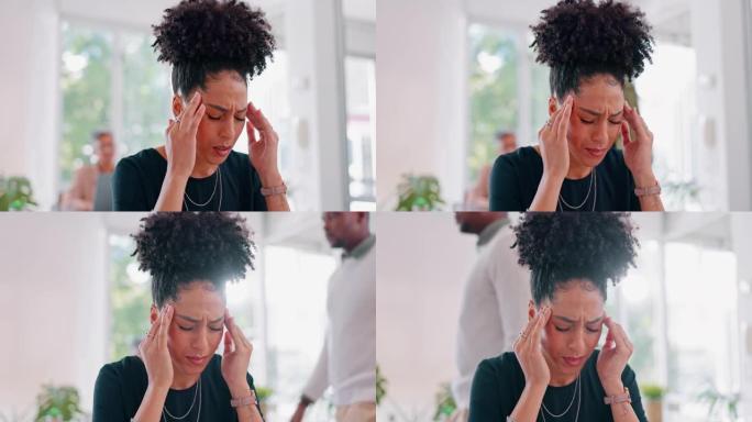 黑人妇女，头痛和痛苦与职业倦怠，压力和沮丧的偏头痛，最后期限问题和公司抑郁症。疲惫的商界女性，职场焦