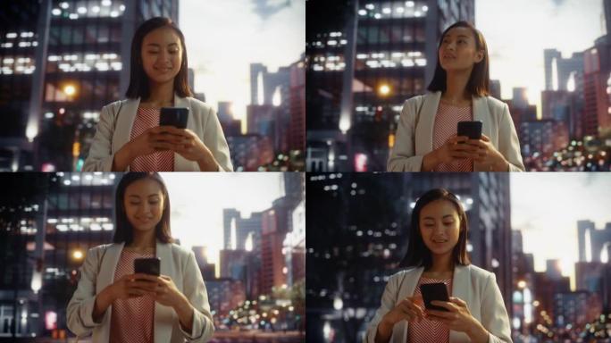 一位美丽的日本女性在日落时穿着时髦的休闲服行走并使用智能手机的肖像。时尚的女人在网上与人联系，传递信