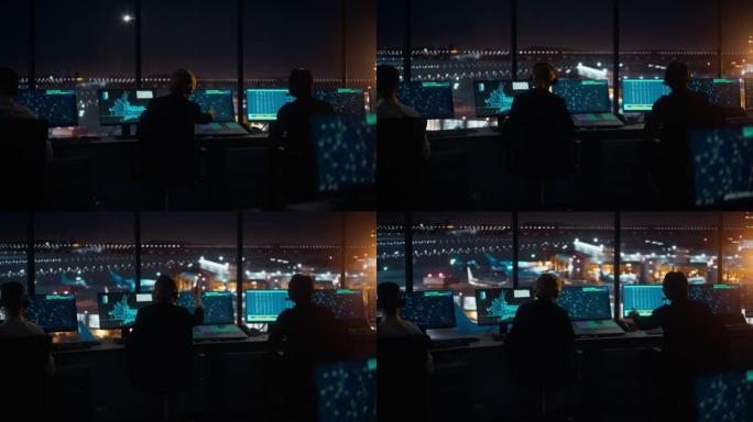 夜间在现代机场塔中工作的多元化空中交通管制团队。办公室里满是台式电脑显示屏，配有导航屏幕，飞机飞行雷