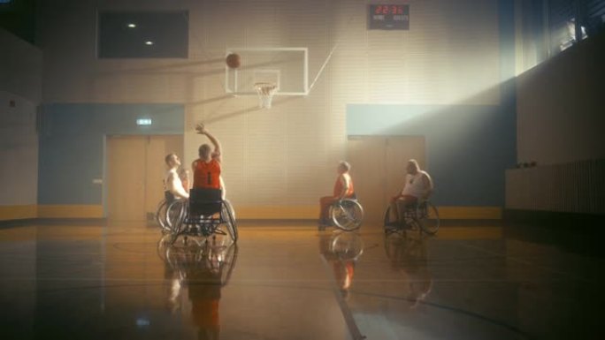 轮椅篮球比赛: 职业球员比赛，运球，传球，投篮和得分完美的三分球。庆祝决心，残疾人的技能